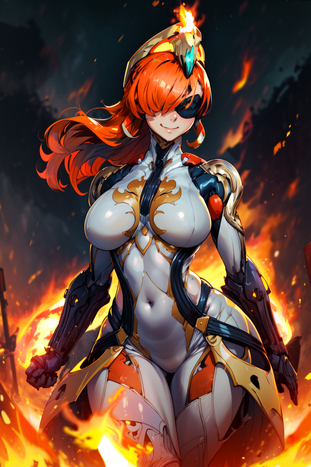 masterpiece,best quality,1girl,Ember,elbow gloves,headgear,orange hair,long hair,hair over one eye,large breasts,wide hips...